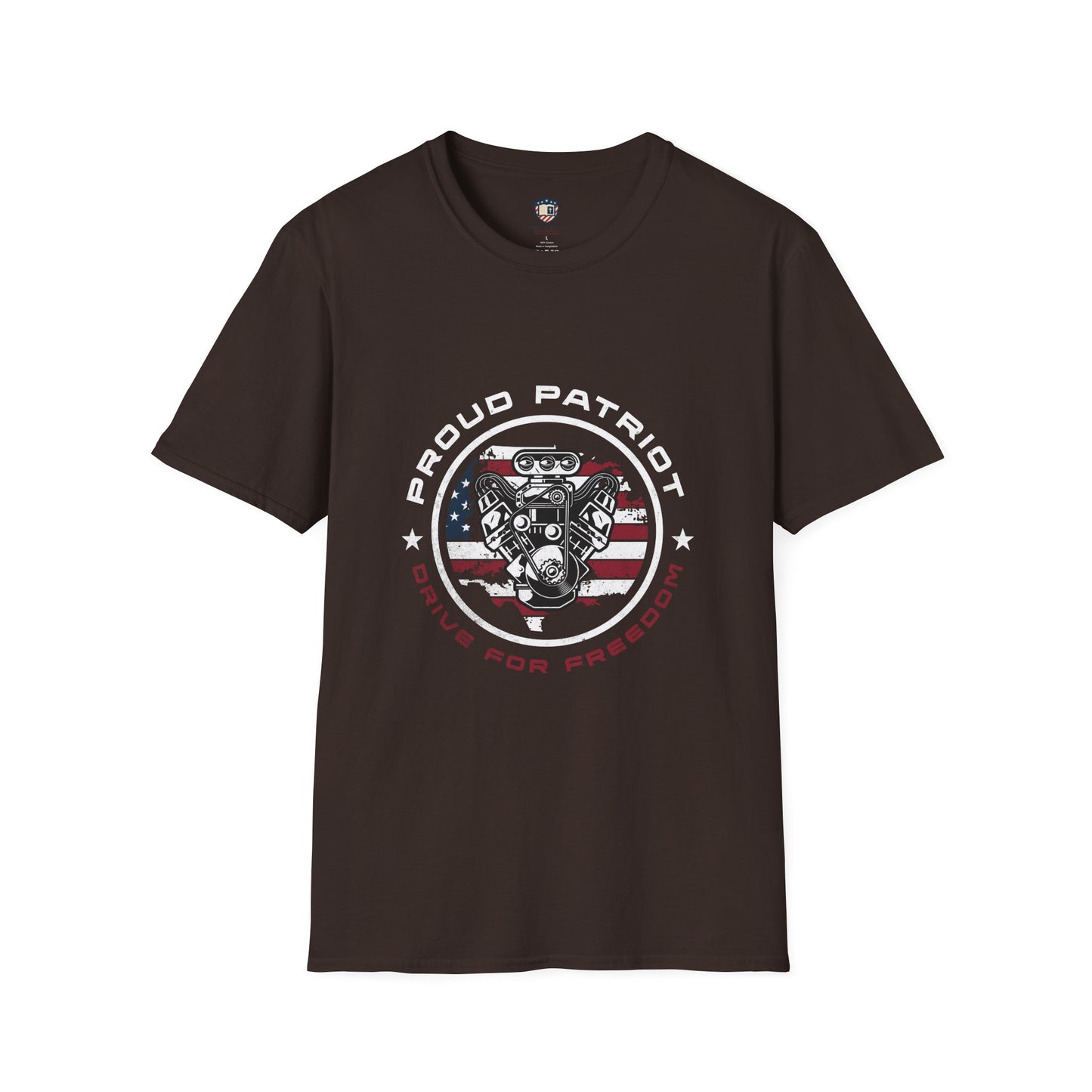 Proud Patriot T-Shirt | Drive for Freedom American Flag Engine Graphic Tee, USA Car Enthusiast Shirt, Patriotic Gift for Men and Women