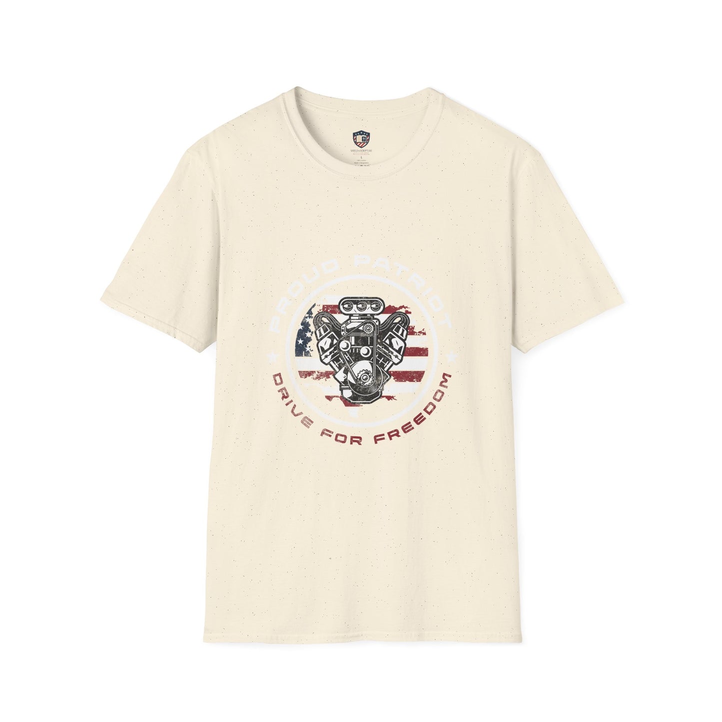 Proud Patriot T-Shirt | Drive for Freedom American Flag Engine Graphic Tee, USA Car Enthusiast Shirt, Patriotic Gift for Men and Women