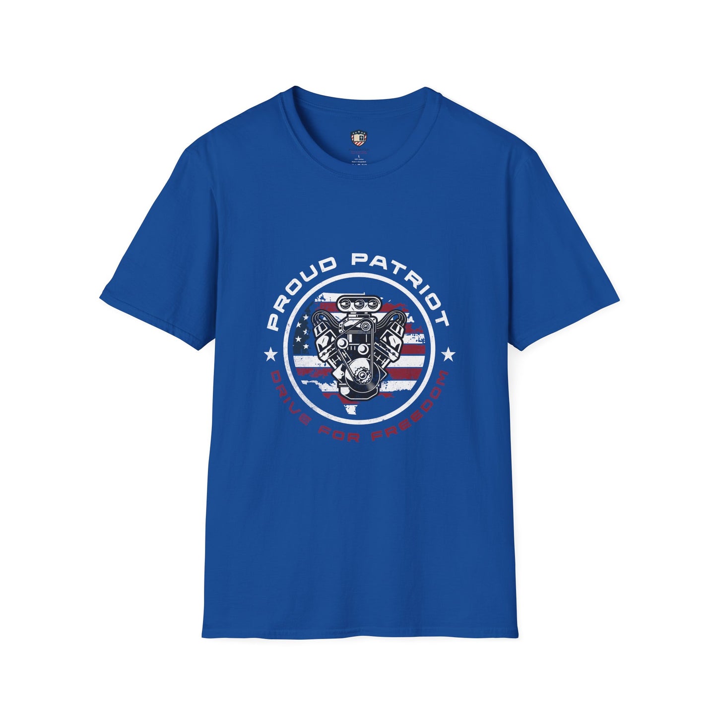 Proud Patriot T-Shirt | Drive for Freedom American Flag Engine Graphic Tee, USA Car Enthusiast Shirt, Patriotic Gift for Men and Women
