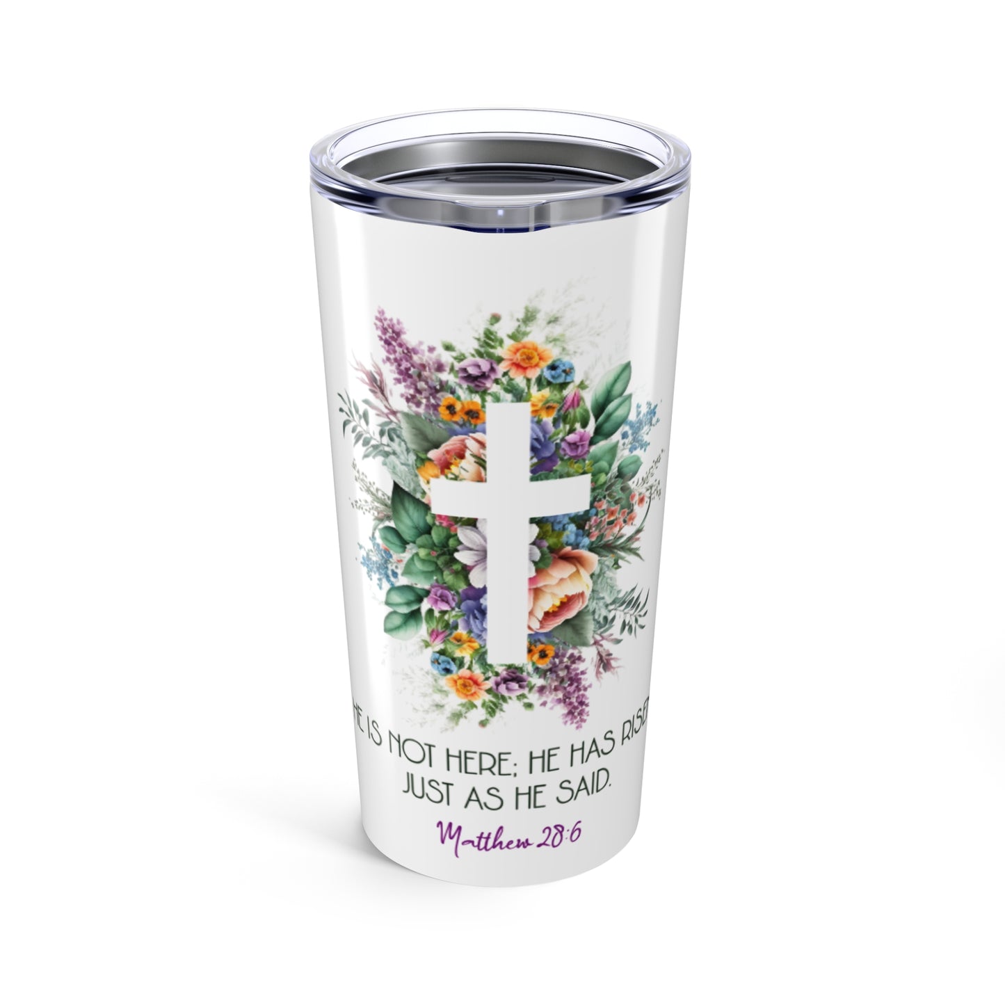 Christian Floral Cross Tumbler – Matthew 28:6 Scripture Design
