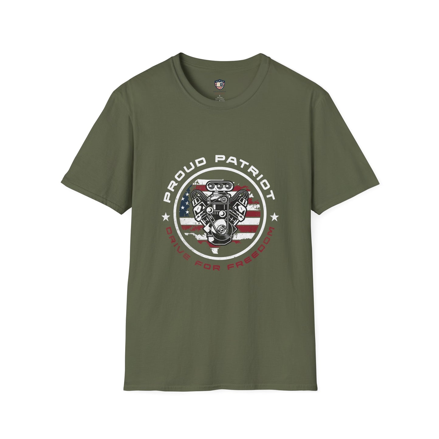 Proud Patriot T-Shirt | Drive for Freedom American Flag Engine Graphic Tee, USA Car Enthusiast Shirt, Patriotic Gift for Men and Women