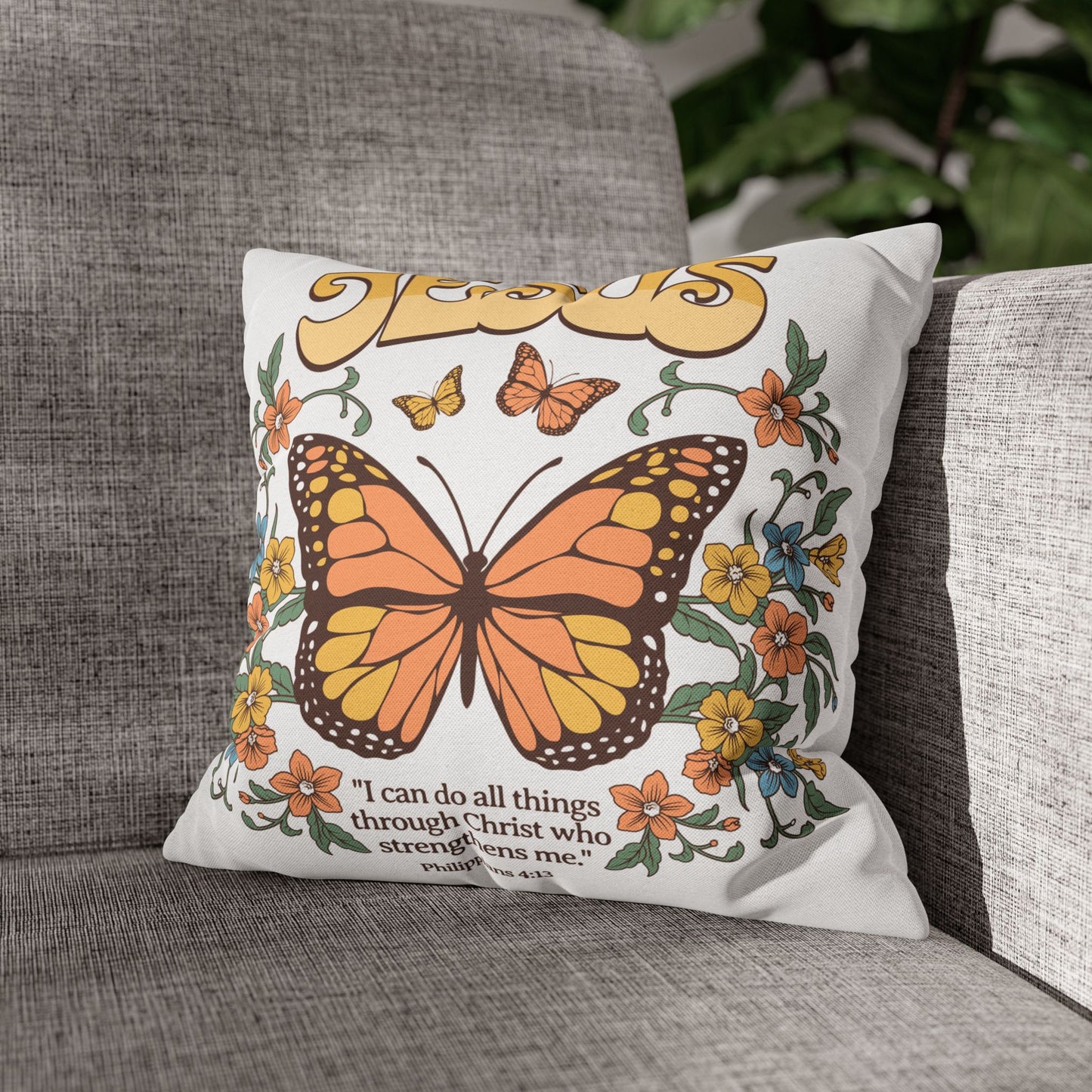 Christian Butterfly Throw Pillowcase – Philippians 4:13 Scripture Design