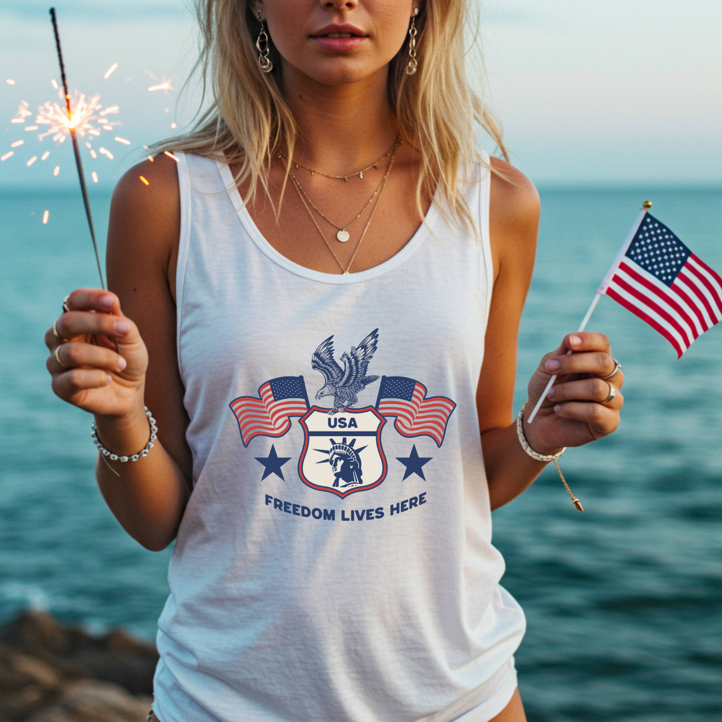 USA Freedom Lives Here Design Women's Racerback Tank