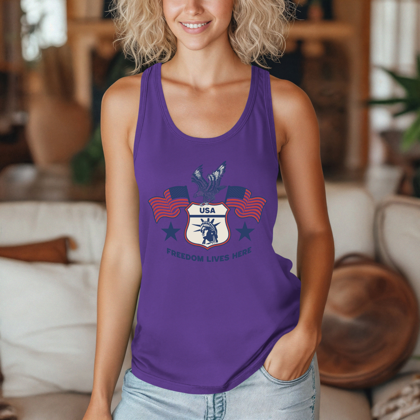 USA Freedom Lives Here Design Women's Racerback Tank