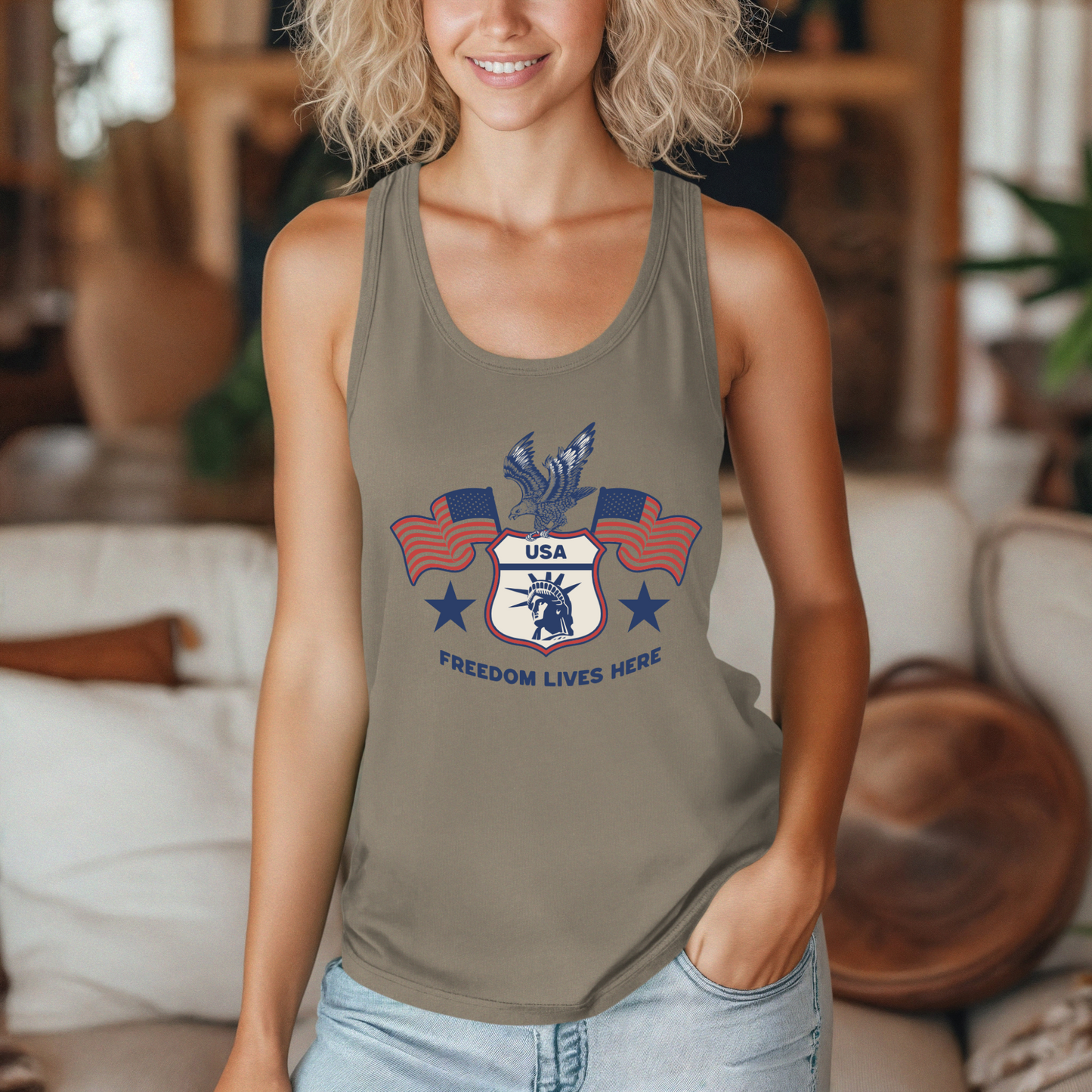 USA Freedom Lives Here Design Women's Racerback Tank