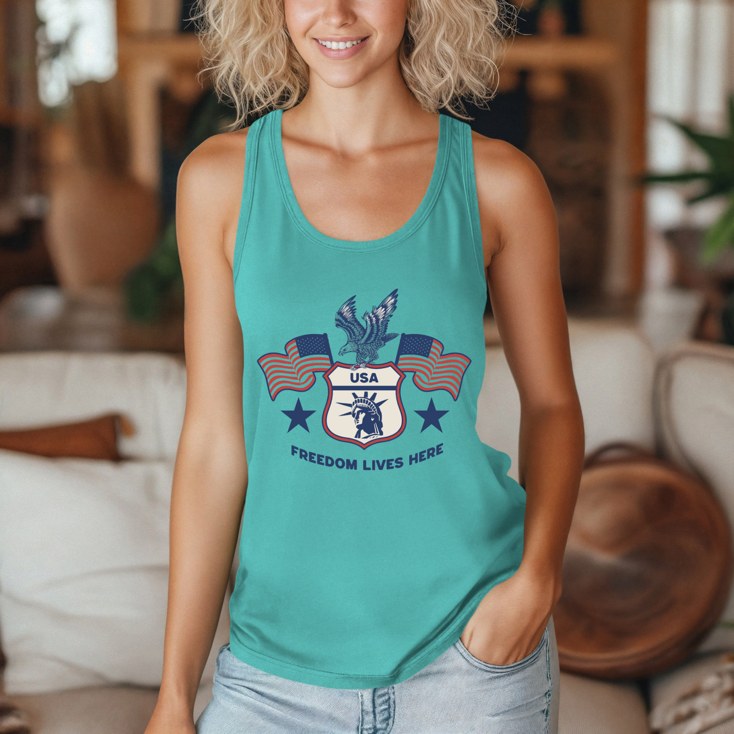 USA Freedom Lives Here Design Women's Racerback Tank