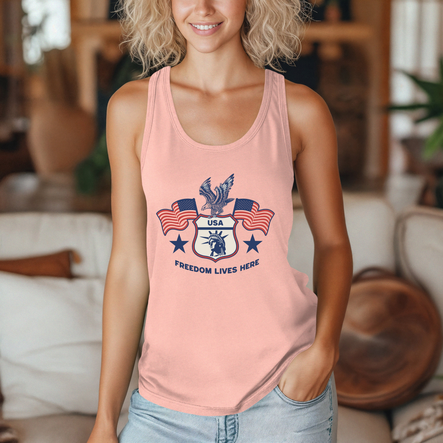 USA Freedom Lives Here Design Women's Racerback Tank