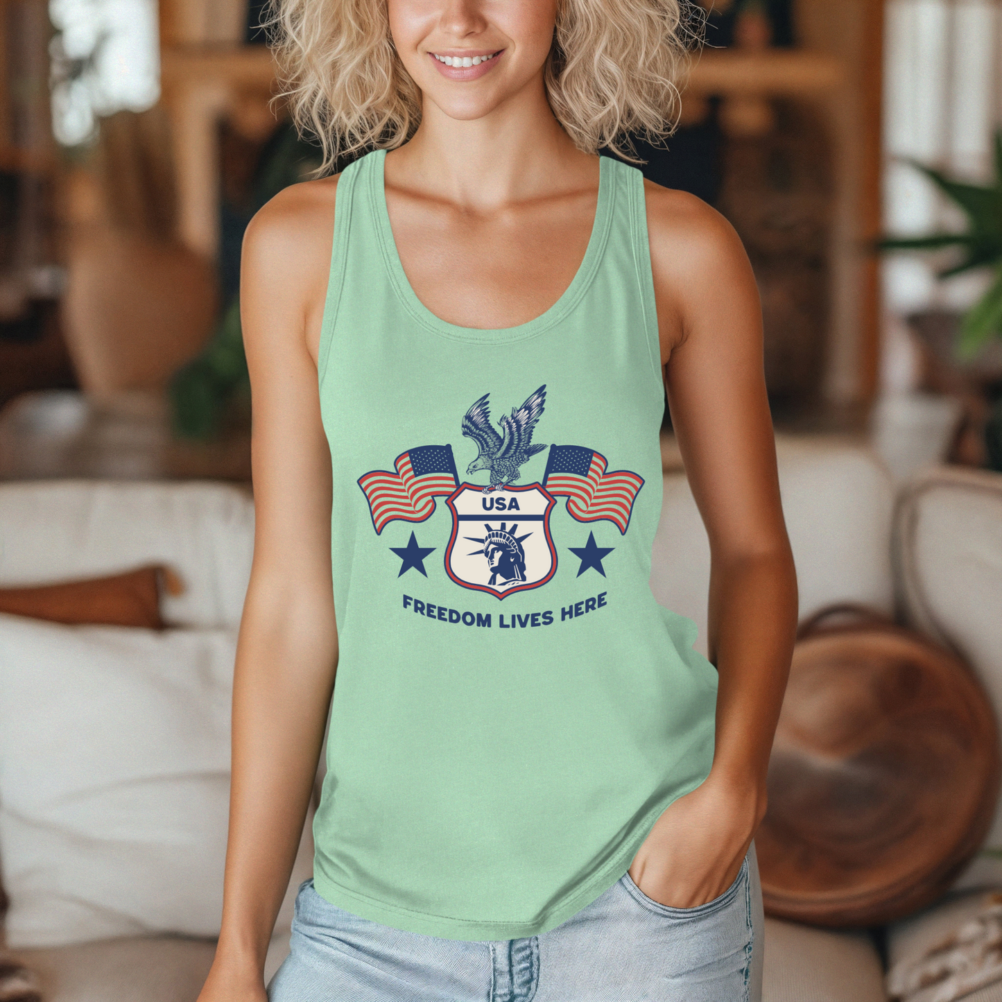 USA Freedom Lives Here Design Women's Racerback Tank