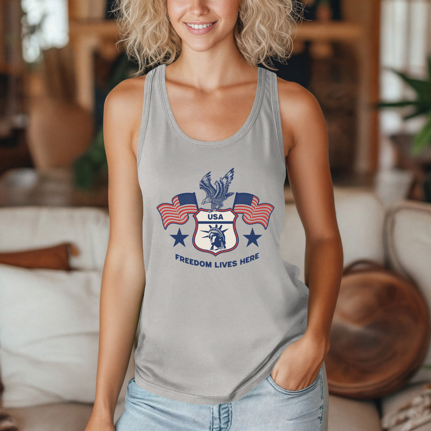 USA Freedom Lives Here Design Women's Racerback Tank