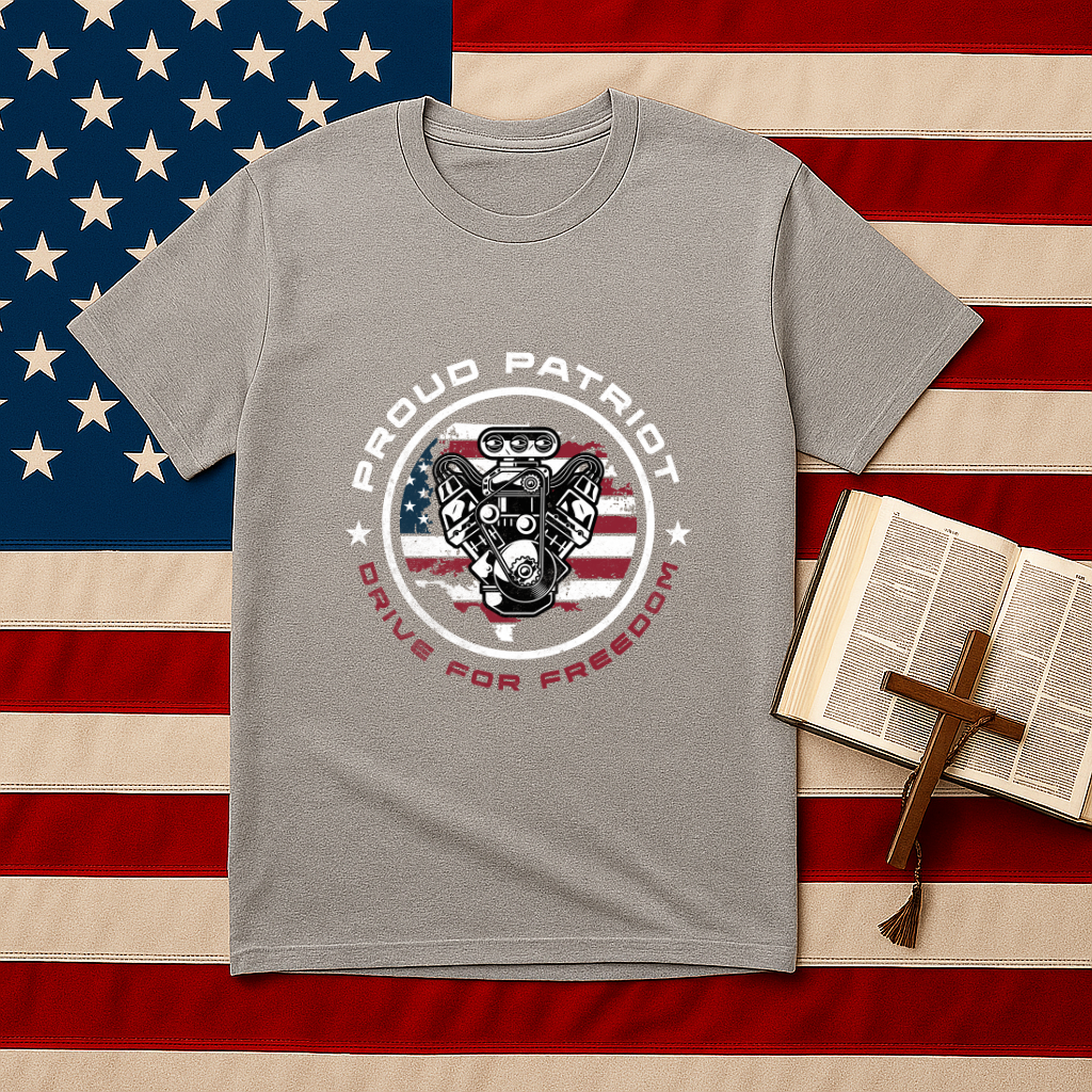 Proud Patriot T-Shirt | Drive for Freedom American Flag Engine Graphic Tee, USA Car Enthusiast Shirt, Patriotic Gift for Men and Women