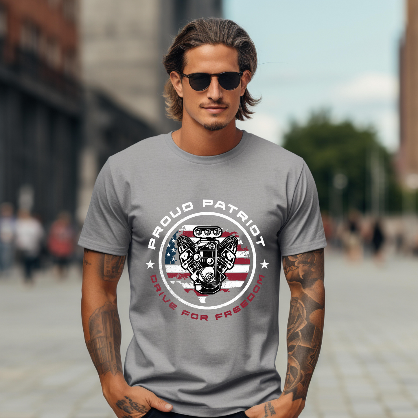 Proud Patriot T-Shirt | Drive for Freedom American Flag Engine Graphic Tee, USA Car Enthusiast Shirt, Patriotic Gift for Men and Women