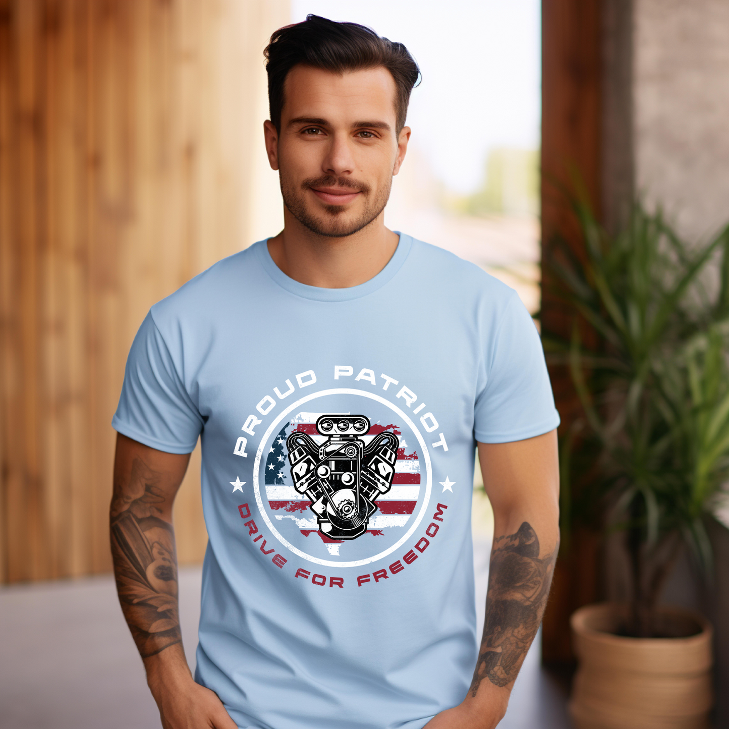 Proud Patriot T-Shirt | Drive for Freedom American Flag Engine Graphic Tee, USA Car Enthusiast Shirt, Patriotic Gift for Men and Women