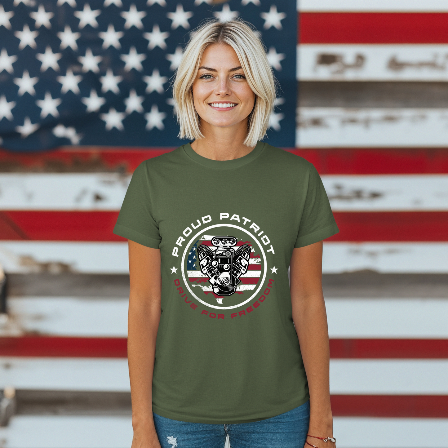 Proud Patriot T-Shirt | Drive for Freedom American Flag Engine Graphic Tee, USA Car Enthusiast Shirt, Patriotic Gift for Men and Women