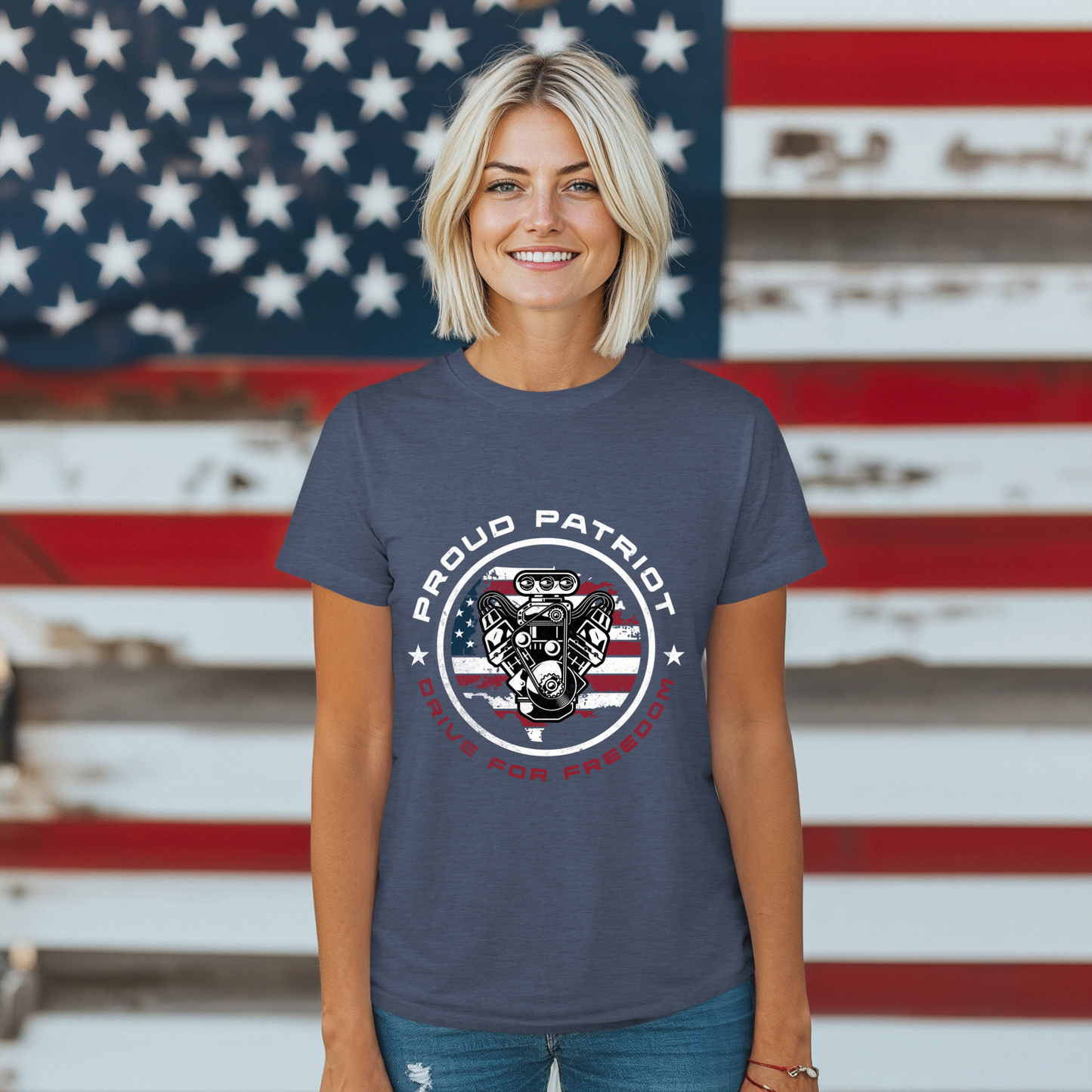 Proud Patriot T-Shirt | Drive for Freedom American Flag Engine Graphic Tee, USA Car Enthusiast Shirt, Patriotic Gift for Men and Women