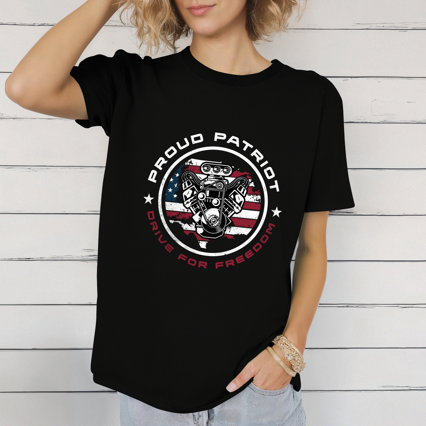Proud Patriot T-Shirt | Drive for Freedom American Flag Engine Graphic Tee, USA Car Enthusiast Shirt, Patriotic Gift for Men and Women