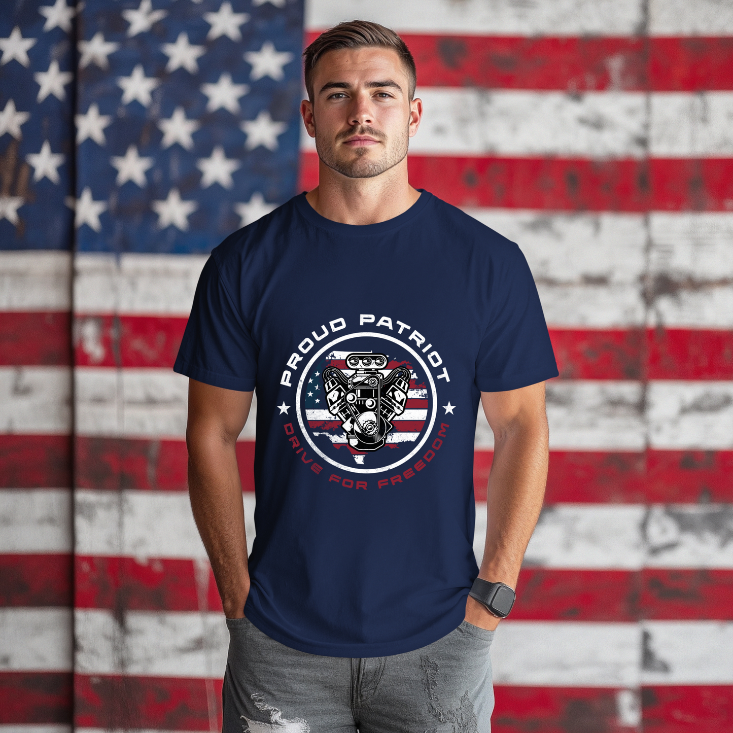 Proud Patriot T-Shirt | Drive for Freedom American Flag Engine Graphic Tee, USA Car Enthusiast Shirt, Patriotic Gift for Men and Women