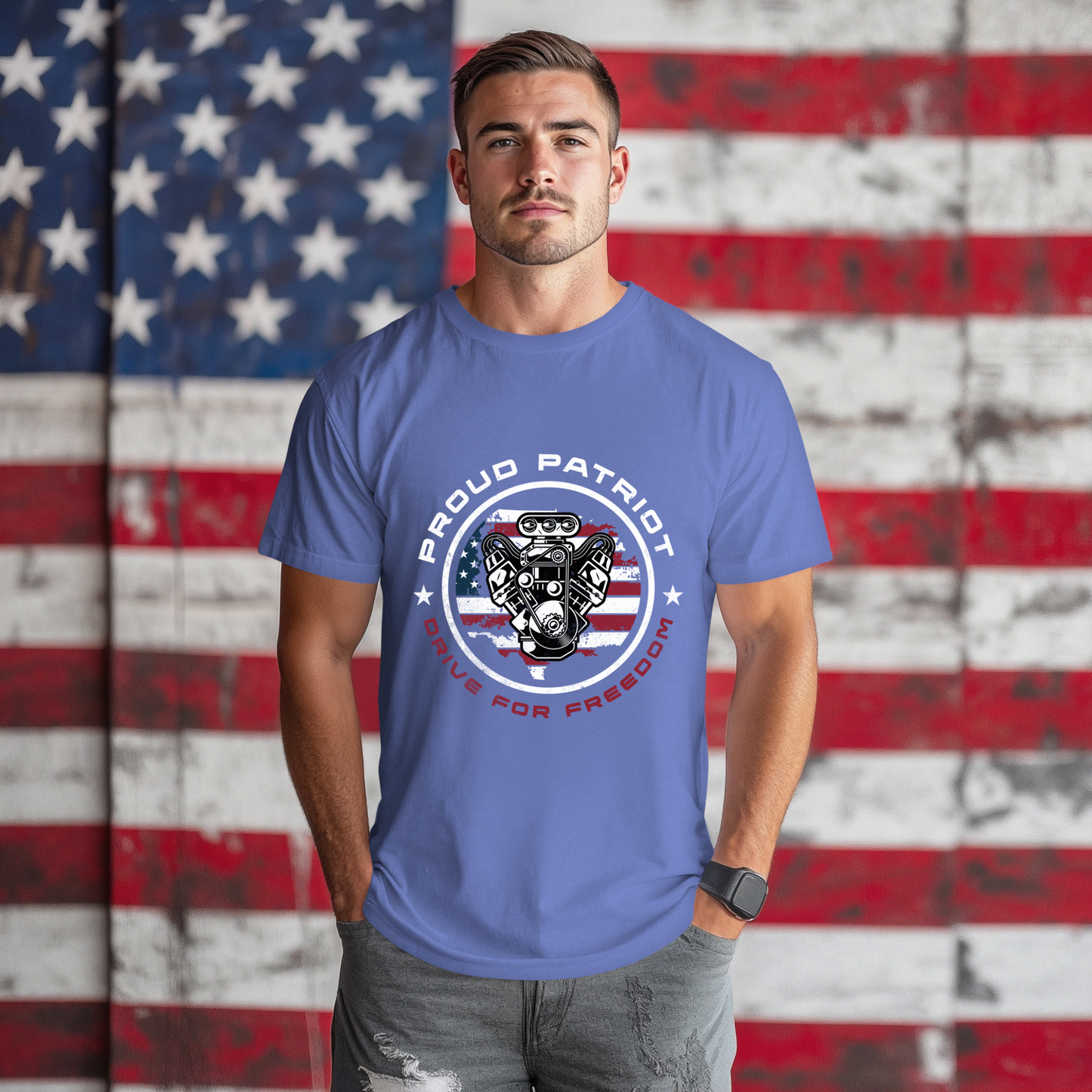 Proud Patriot T-Shirt | Drive for Freedom American Flag Engine Graphic Tee, USA Car Enthusiast Shirt, Patriotic Gift for Men and Women