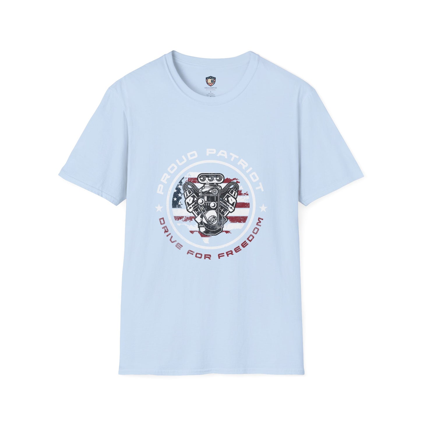 Proud Patriot T-Shirt | Drive for Freedom American Flag Engine Graphic Tee, USA Car Enthusiast Shirt, Patriotic Gift for Men and Women