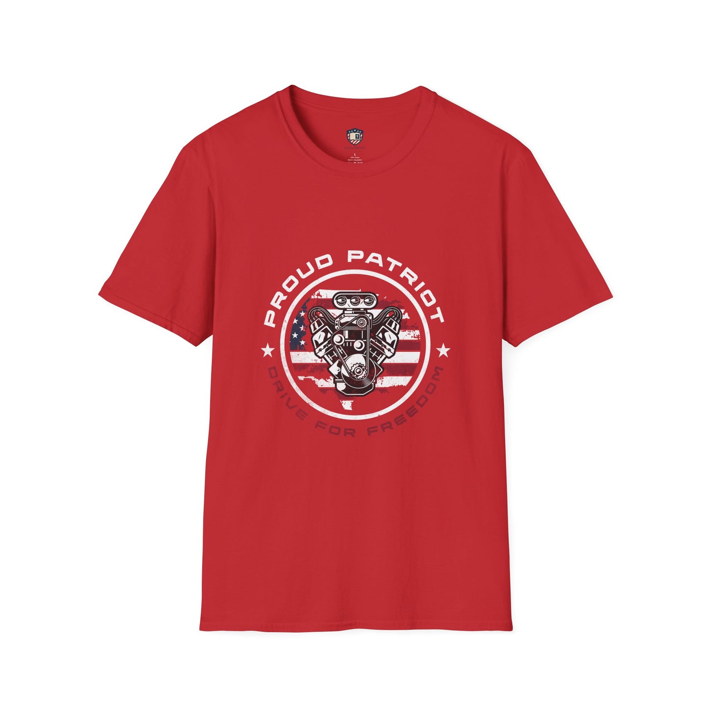 Proud Patriot T-Shirt | Drive for Freedom American Flag Engine Graphic Tee, USA Car Enthusiast Shirt, Patriotic Gift for Men and Women