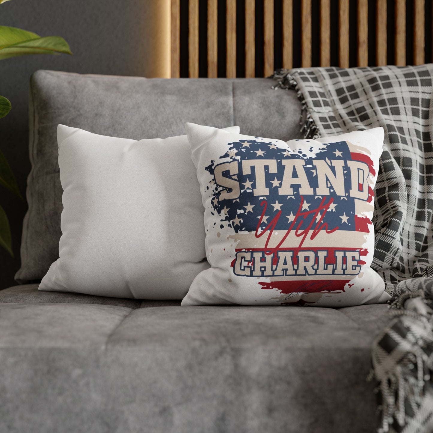 Patriotic Square Pillowcase with Stand With Charlie Design