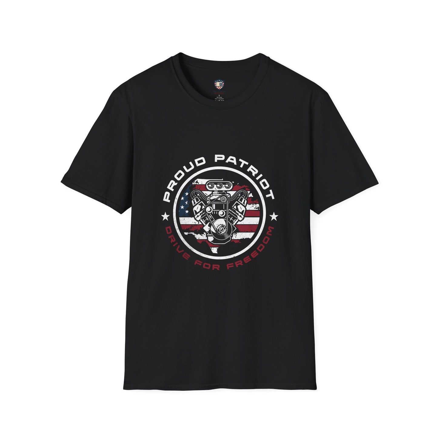 Proud Patriot T-Shirt | Drive for Freedom American Flag Engine Graphic Tee, USA Car Enthusiast Shirt, Patriotic Gift for Men and Women