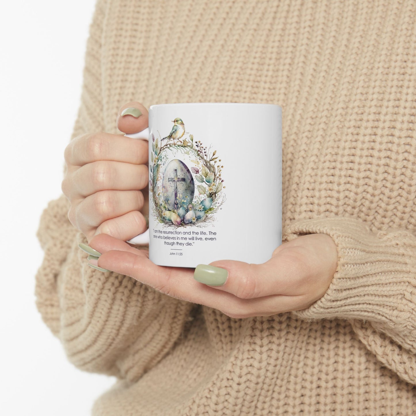 Christian Ceramic Mug – John 11:25 Resurrection Scripture Design