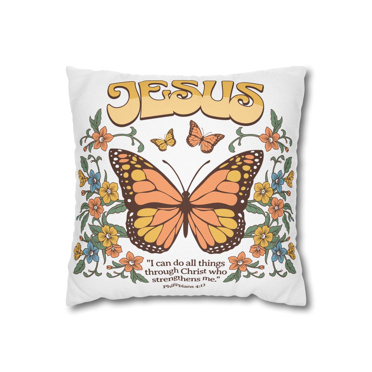 Christian Butterfly Throw Pillowcase – Philippians 4:13 Scripture Design