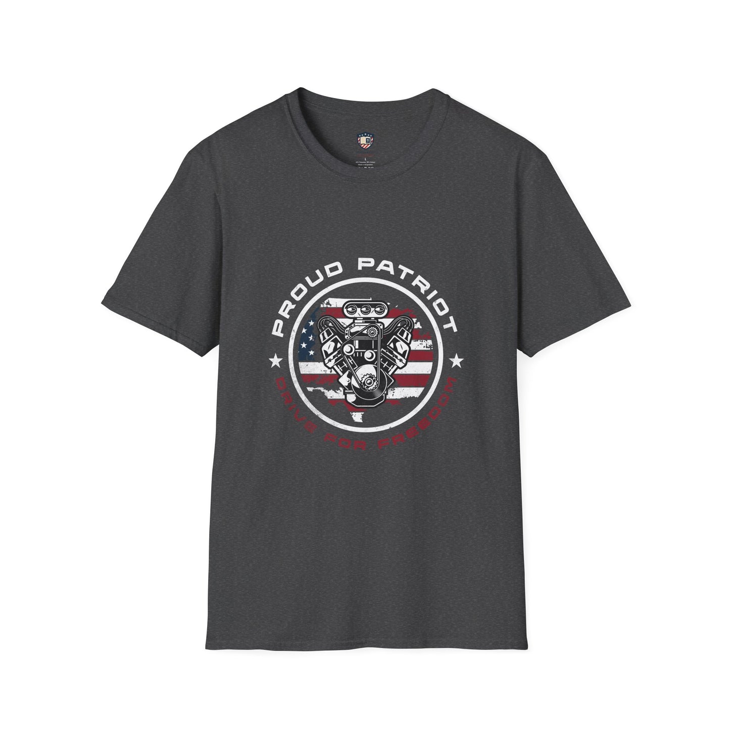 Proud Patriot T-Shirt | Drive for Freedom American Flag Engine Graphic Tee, USA Car Enthusiast Shirt, Patriotic Gift for Men and Women
