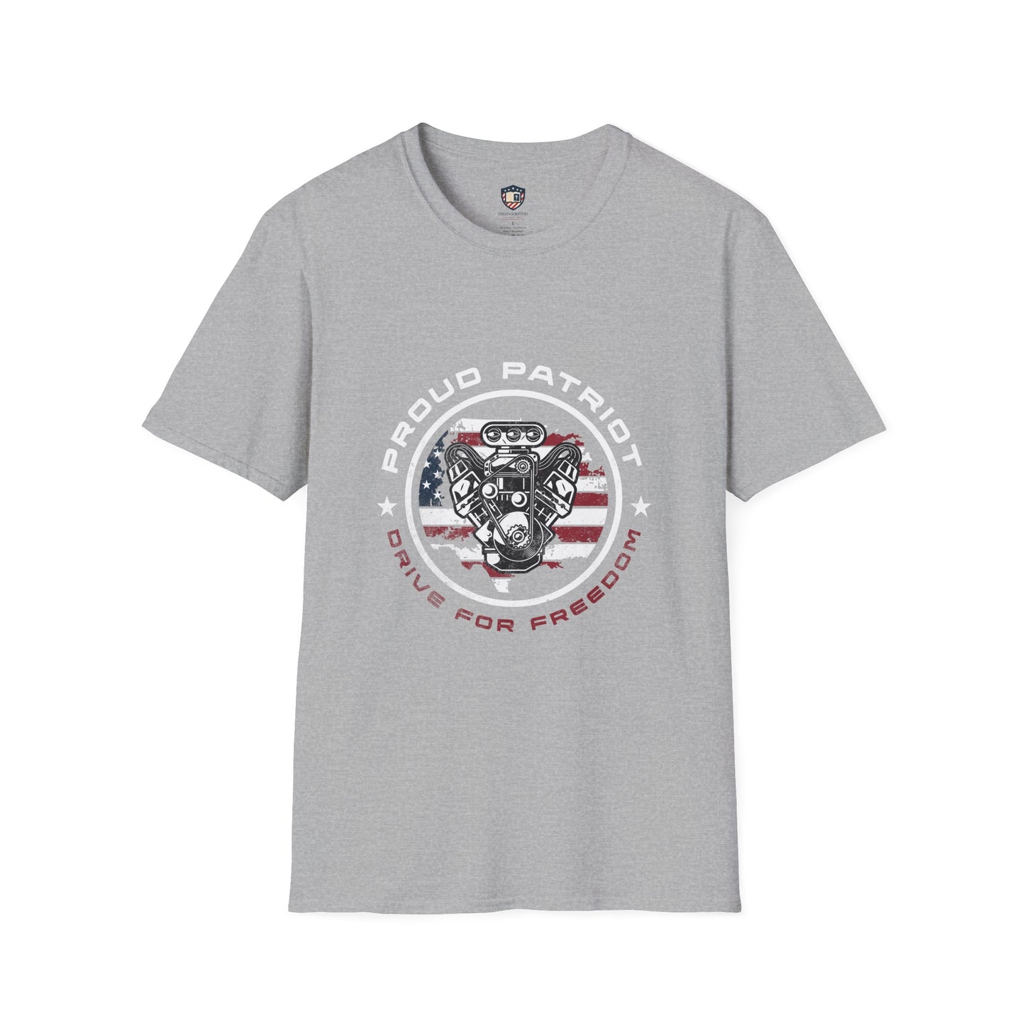 Proud Patriot T-Shirt | Drive for Freedom American Flag Engine Graphic Tee, USA Car Enthusiast Shirt, Patriotic Gift for Men and Women