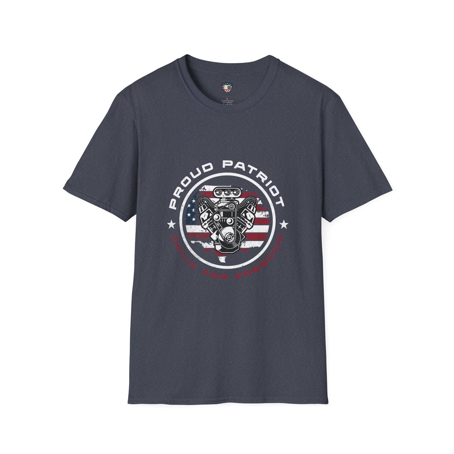 Proud Patriot T-Shirt | Drive for Freedom American Flag Engine Graphic Tee, USA Car Enthusiast Shirt, Patriotic Gift for Men and Women