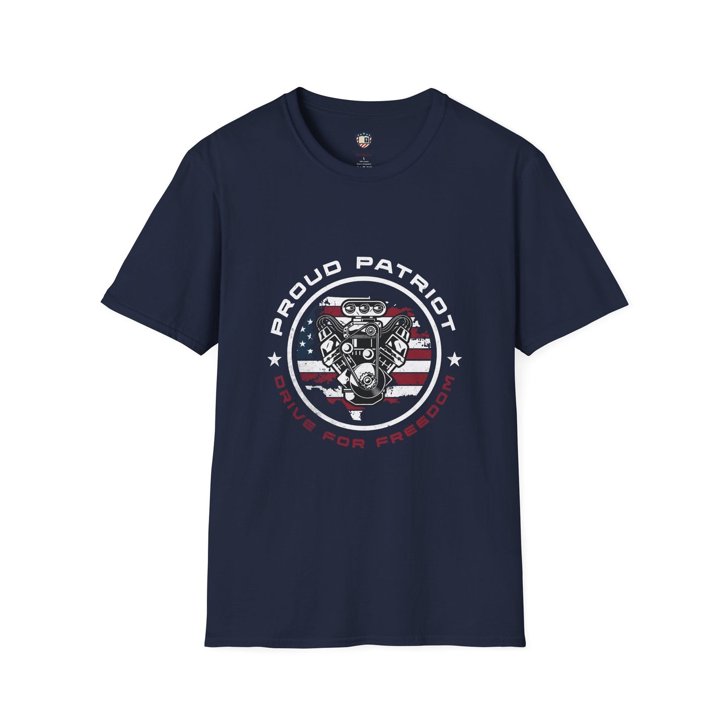 Proud Patriot T-Shirt | Drive for Freedom American Flag Engine Graphic Tee, USA Car Enthusiast Shirt, Patriotic Gift for Men and Women