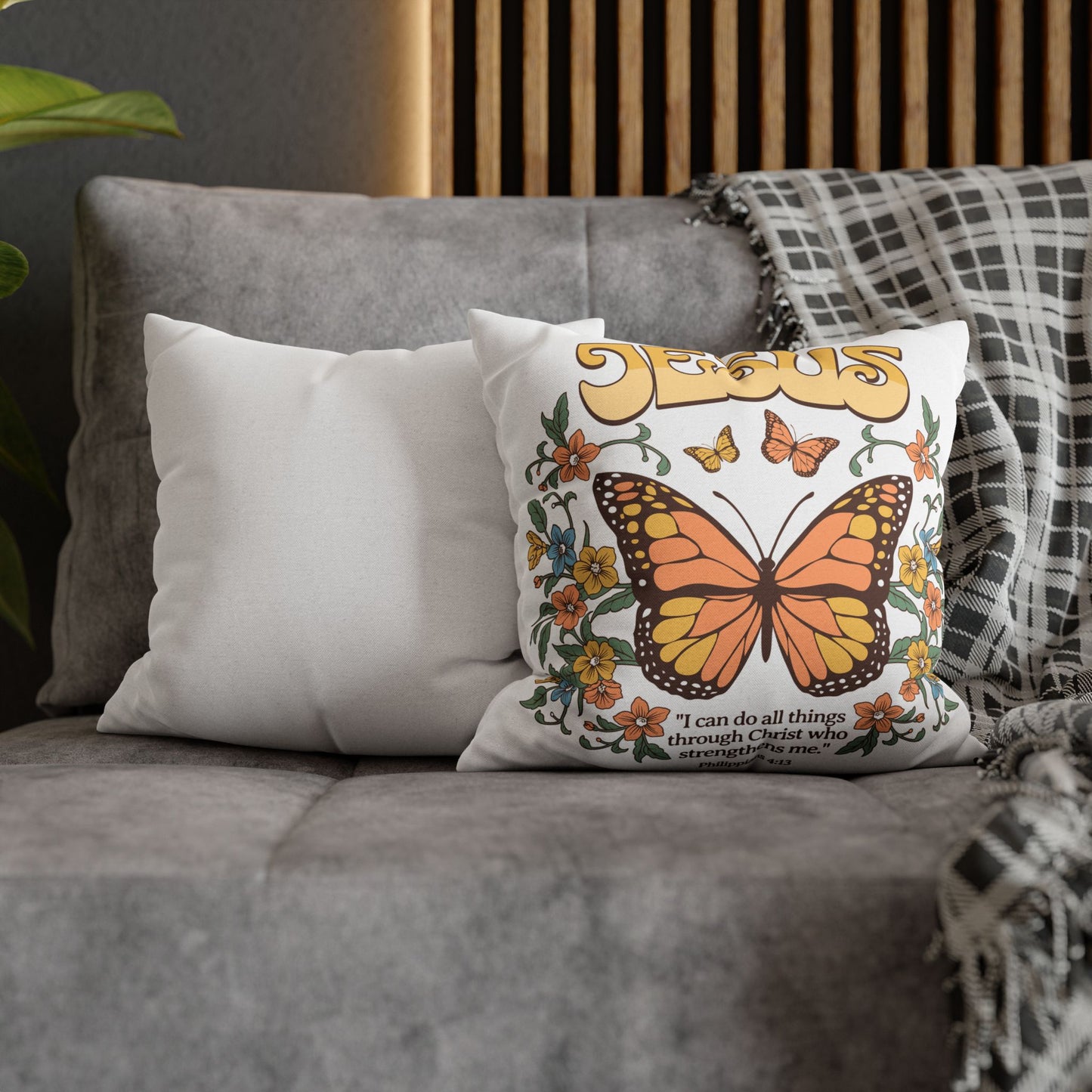 Christian Butterfly Throw Pillowcase – Philippians 4:13 Scripture Design