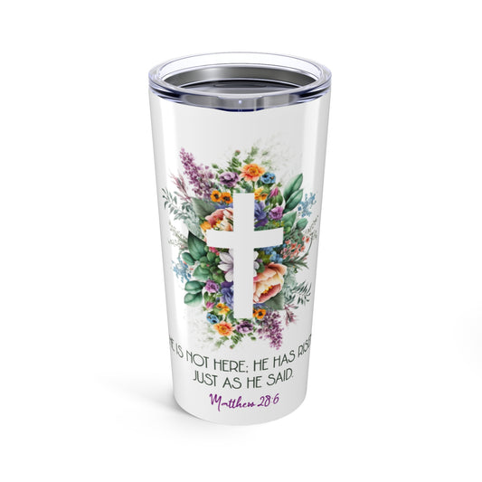 Christian Floral Cross Tumbler – Matthew 28:6 Scripture Design