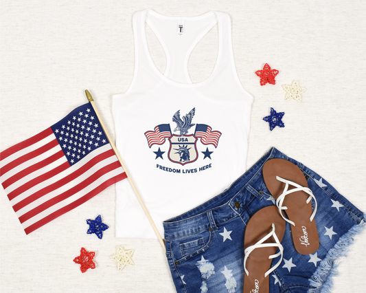 USA Freedom Lives Here Design Women's Racerback Tank
