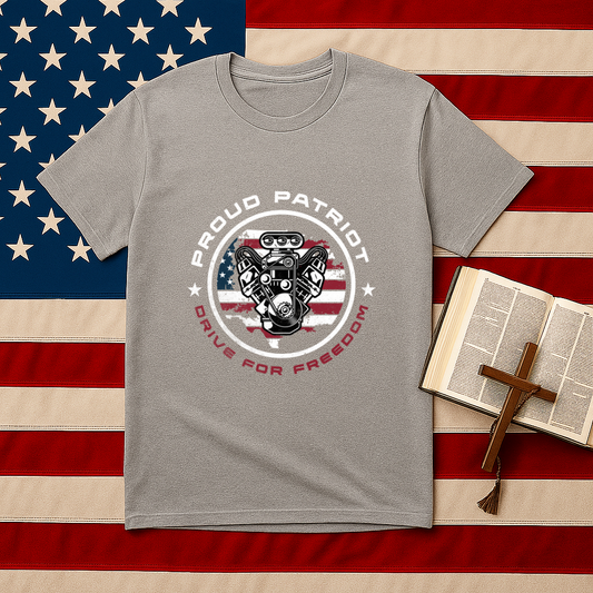 Proud Patriot T-Shirt | Drive for Freedom American Flag Engine Graphic Tee, USA Car Enthusiast Shirt, Patriotic Gift for Men and Women