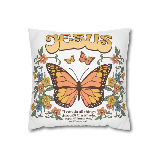 Christian Butterfly Throw Pillowcase – Philippians 4:13 Scripture Design