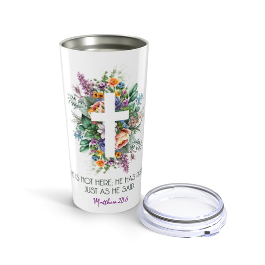 Christian Floral Cross Tumbler – Matthew 28:6 Scripture Design