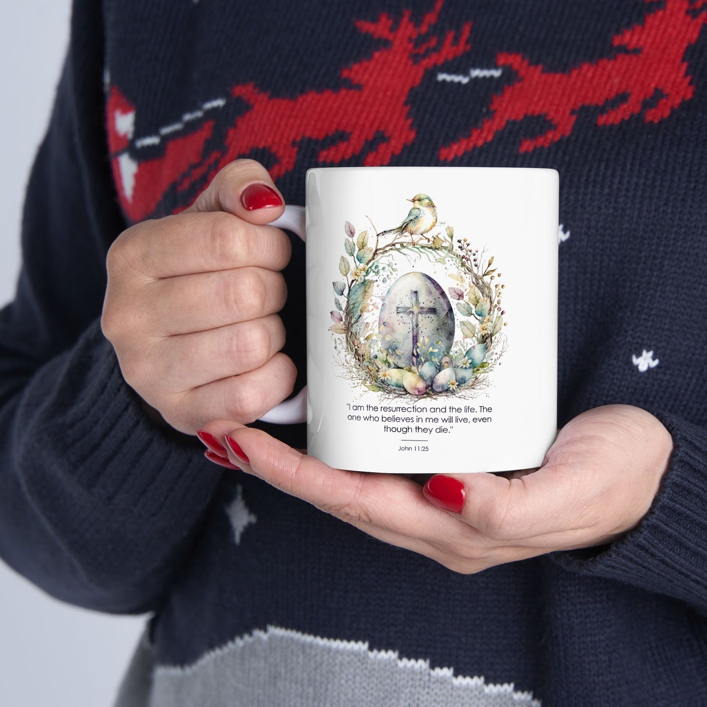 Christian Ceramic Mug – John 11:25 Resurrection Scripture Design