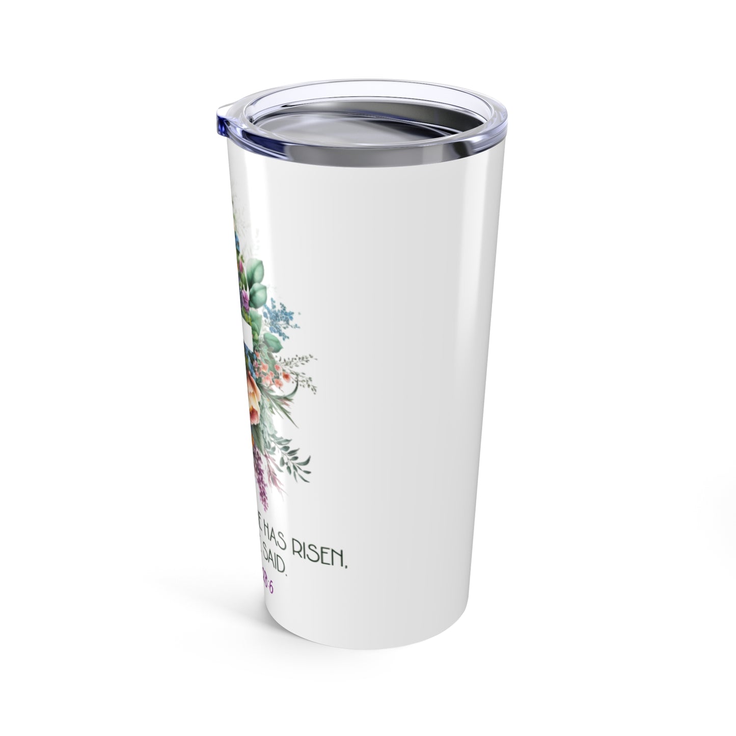 Christian Floral Cross Tumbler – Matthew 28:6 Scripture Design